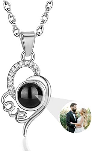 ITESSY Personalized Photo Projection Necklace, Silver Custom Photo Love Heart Pendant Necklace 100 Languages I Love You Happy Birthday Anniversary Memorial Gifts for Her Women Wife Mum Girlfriend