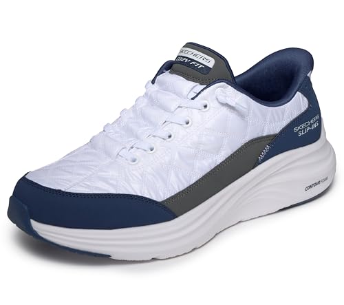 Skechers Uomo Contour Foam Cozy Fit Slip-In ALLENATRICE, White Mesh/Duraleather/Navy Trim, 42.5 EU
