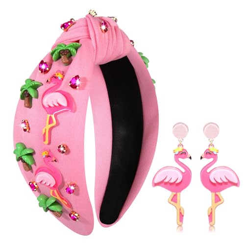 Jeweled Tropical Beach Vacation Flamingo Knotted Headband with Rhinestone Crystals and Wide Top Knot for Women (Flamingo 2)