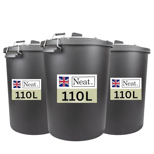 NeatPlastics Dustbin 110 L, Large Dustbin for Garden with Heavy-Duty Weather Resistant and Food Grade Material, Trash Can Garbage Bin With 2 Clip Locking Lid for Indoor & Outdoor Waste, Pack of 3
