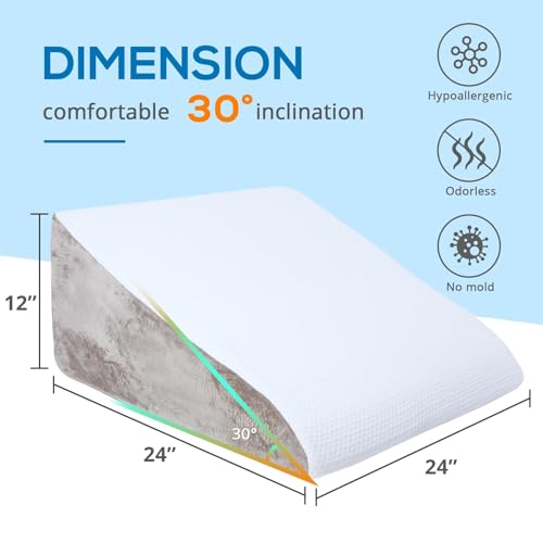 Image of Sasttie Wedge Pillow 24x24x12 inch, Memory Foam Bed Wedge, Light Grey | Triangle Pillow for Sleeping, Acid Reflux, Back Pain, Post-Surgery, and Snoring, Designed with Removable Washable Cover