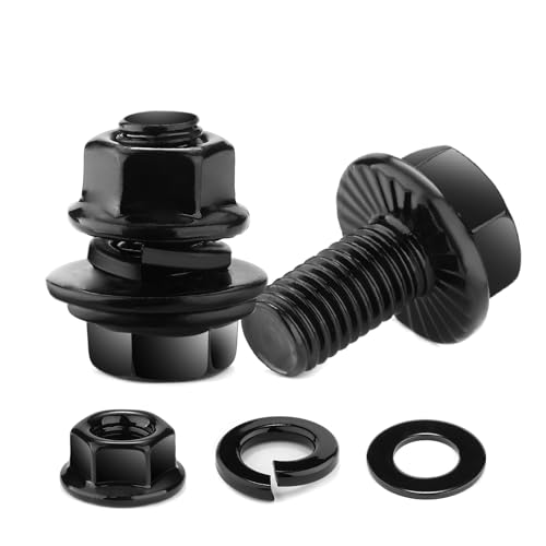 M6 x 12mm フランジ付き六角頭ボルト ナット フラット&ロックワッシャー 10個 18-8 (304) ステンレススチール 全ネジ 黒酸化