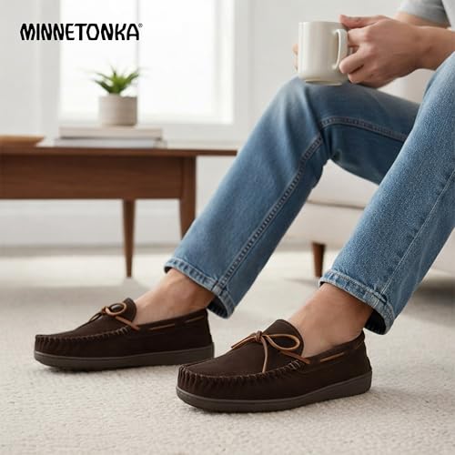 Image of Minnetonka Plaid Lined Hardsole - Moccasin Slippers for Men Made with Suede Upper, Rubber Sole, Plush Interior, Fleece Lining, Rawhide Lace, and Traditional Moccasin Design
