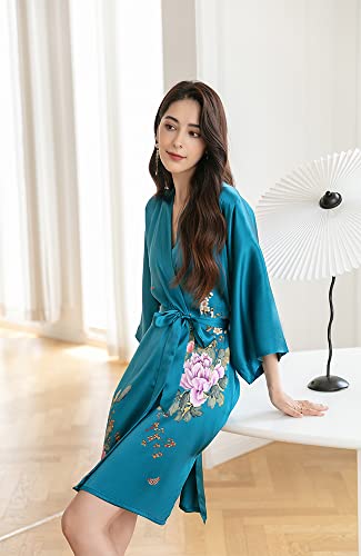Kwedhonjh Women's 100% Silk Kimono, Short Bathrobe Pajamas, Kimono Pajamas (Peony Flower Molan) #TOP3