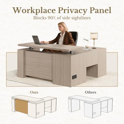Image of 63 Inches L Shaped Electric Standing Desk, Height Adjustable Executive Desk with Drawers and File Cabinet, AC /USB, 1.18 inch Desktop and Privacy Panel for Home Office, Natural Walnut