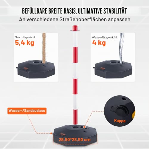 VEVOR Set von 4 Absperrpfosten und 1 Kunststoff-Kette von 10 m Rot und Weiß, Sperrpfosten, Poller Aus PE-Kunststoff für die Verkehrskontrolle oder Warnung an der Auffahrt, Garage, dem Tor usw. Rot