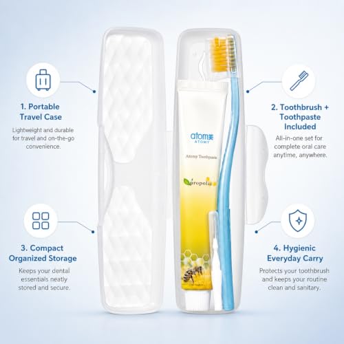 Image of Atomy Toothbrush Travel Set with Propolis Toothpaste 50 g, Portable Oral Care Kit with Toothbrush and Protective Storage Case for Office, School, Trips & Daily Use