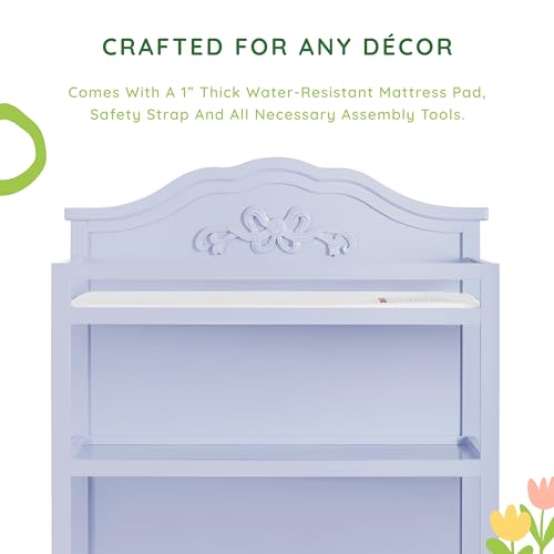 Image of Sweetpea Baby Jasmine Changing Table in Lavender, with Fixed Shelves, 1 inch Mattress Pad, Safety Strap, Safety Rails, New Zealand Pinewood Baby Changing Table