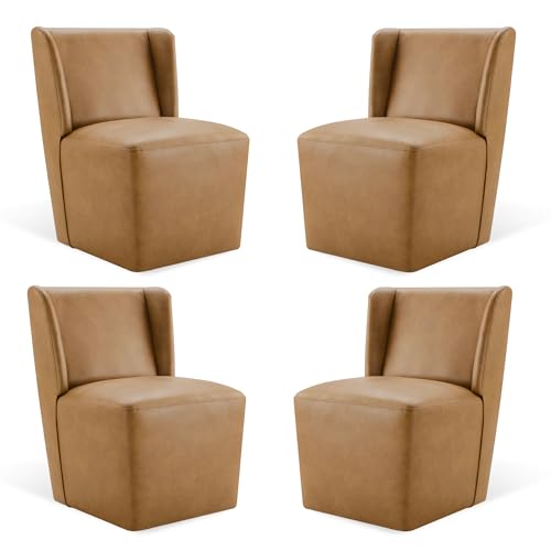 KISLOT Upholstered Dining Chairs Set of 4 with Casters, Wingback Modern Side Armless Deskchair with Rollers for Diningroom Bedroom Livingroom Reading Room, Brown Faux Leather