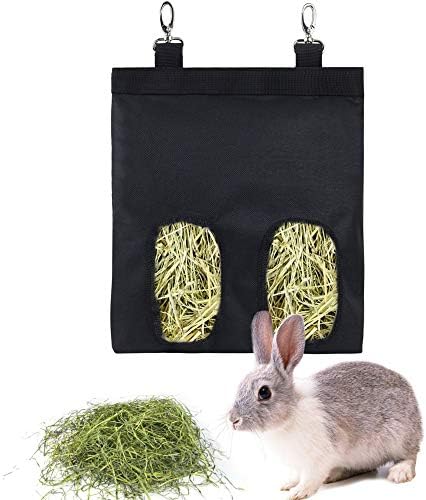 Rabbit Hay Feeder Bag Guinea Pigs Hanging Hay Rack Manger Holder Dispenser Small Animal Feeder Storage Pouch for Bunny Chinchilla Hamster (2 Windows, Blue)