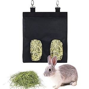 Rabbit Hay Feeder Bag Guinea Pigs Hanging Hay Rack Manger Holder Dispenser Small Animal Feeder Storage Pouch for Bunny Chinchilla Hamster (Black, 2 Windows)