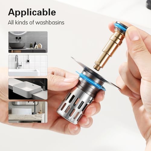 (All Metallic) Bathroom Sink Plug, Pop-up Drain for Bathroom Sink, Sink Plug Hair Collector, Silent Popper Core with Removable Stainless Steel Filter Basket (Silver Polished, 1 Pack)