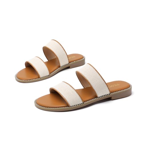Image of Tilocow Women's Flat Sandals Two Strap Summer Dressy Studded Slide Sandals Open Toe Cute Casual Slip on Comfort Shoes for Beach Travel Daily Wear
