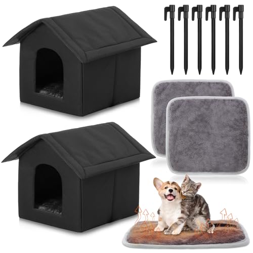 2 Sets Outdoor Cat Shelter with Self Heating Cat Pad Included 2 Pcs 15.8 Inch Waterproof Stray Shelter 2 Pcs Self Warming Pad Outside Pet Cave with Tent Stakes for Wild Animal Dogs