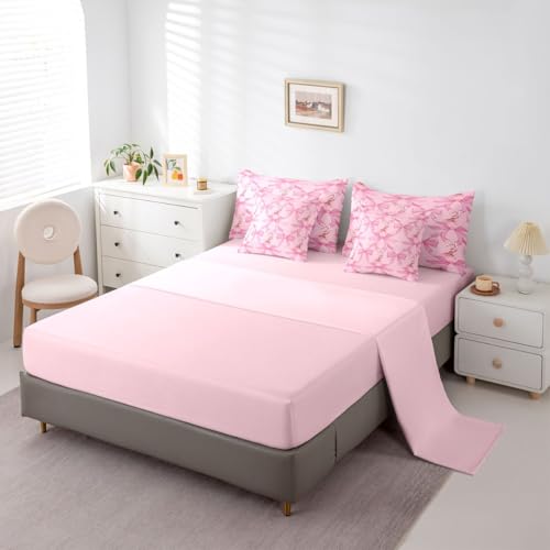 Image of Kawaii Full Size Bed Sheets and Comforter Set | Pink Bow 7-Piece Bedding Set Santa Sticks Candy Canes Bed in a Bag, Dreamy Ribbon Princess Bowknot Bed Sets,Cute Aesthetic Room Decor