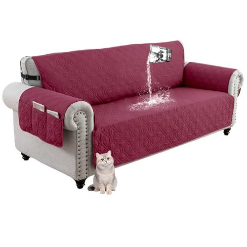 Bankhoes voor 1-, 2-, 3-, 4-zits, waterdichte antislip sofabeschermers hoes met opbergzak aan zijkant, gewatteerde bankhoes omkeerbaar met verstelbare elastieken (2-zits, rood)