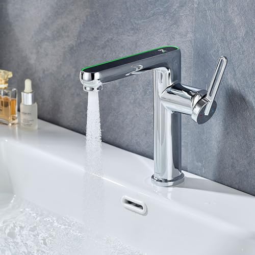LakeBayMZC Robinet de Salle de bain avec affichage de la température LED,Robinet de lavabo,Mitigeur monocommande pour salle de bain,Chromé