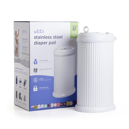 Image of Ubbi Stainless Steel Diaper Pail, No Special Bags, Odor-Locking, Fluted | Award-Winning Registry Must-Have, Childproof Safety Lid with Lock, Holds Up To 55 Newborn Diapers, Modern Nursery Essential