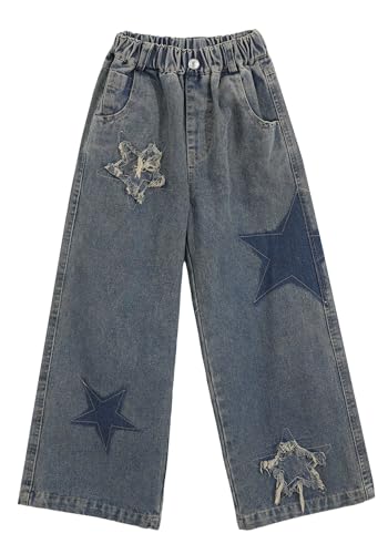 Girls Baggy Jeans Star Patchwork Denim Pants Elastic Waist Straight Trousers Wide Leg Soft Trousers 5-14 Years