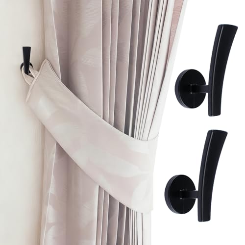 INCREWAY Lot de 2 crochets de rideaux à surface surélevée, autocollants à fixation murale, supports d'embrasses de draperie, poignées en métal anti-trace pour décoration d'intérieur (noir)