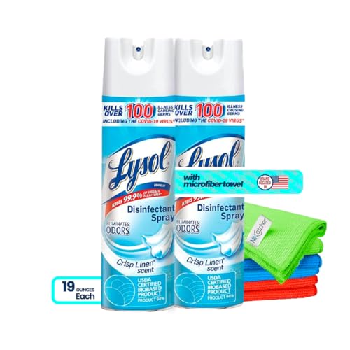NikCatcher Bundle: Lysol Disinfectant Spray, Crisp Linen Scent (19 oz., 2 pk.). bundled 16x16 400 GSM Microfiber Cleaning Cloth Towel Rags, (Color may vary)