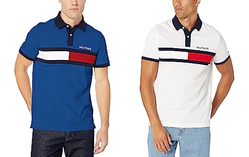 Tommy Hilfiger Men’s Short Sleeve Cotton Pique Flag Polo Shirt In Custom Fit (Blue/White Bundle) #TOP4