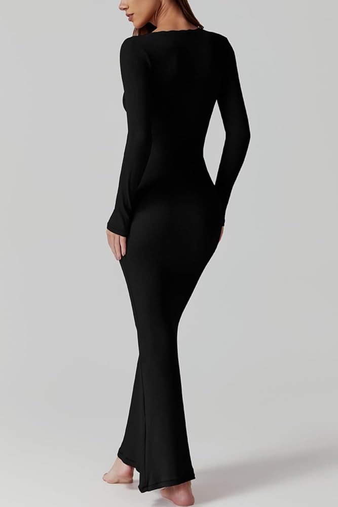 QINSEN Women's Ribbed Knit Long Sleeve Scoop Neck Maxi Dress