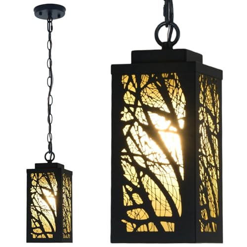SendaLife Outdoor Pendant Lights for Porch, Tree Branch Warm Amber Lampshade, 48'' Adjustable Chain, Waterproof 60W E26, Rustic Matte Black Outdoor Hanging Light Fixture, for Pavilion, Terrace, 1 Pack