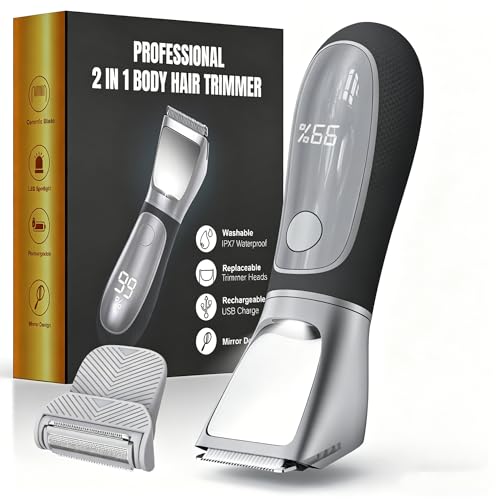 NIPOO Recortadora de bikini para mujeres y hombres, afeitadora eléctrica 2 en 1, IPX7 impermeable, recortadora de vello corporal con espejo, luz LED y pantalla, depilación púbica sin dolor, color