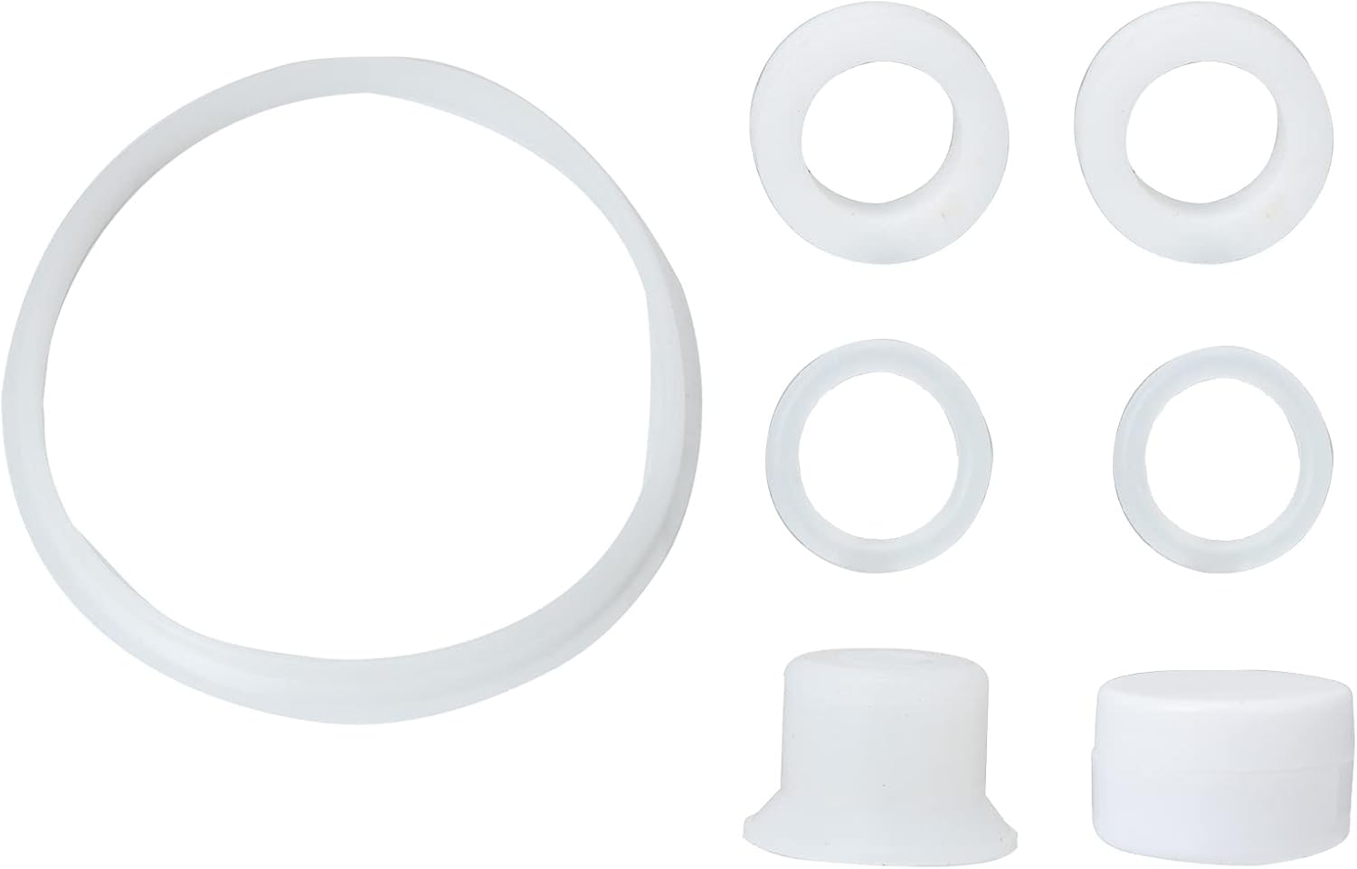 A set of white replacement seals and gaskets for the slushy machine, including a large ring seal, smaller O-rings, and two cap-like seals.