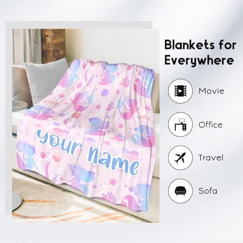 Custom Mermaid Blanket Throws with Name - 50x60 Inches Cute Throw Blanket for Girls - Blue Soft Fuzzy Blankets for Couch & Office