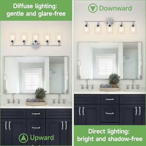 Image of 5-Light Bathroom Light Fixtures, Modern Chrome Vanity Lights for Bathroom with Clear Glass Shade, Wall Lamps for Mirror Hallway Kitchen Cabinet Living Room Sconces Lights