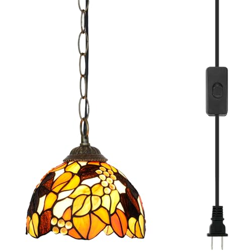 Blivuself Suspension Tiffany, luminaire à brancher, suspension en vitrail orange avec feuilles de vigne, pour la décoration de la maison, salle à manger,...