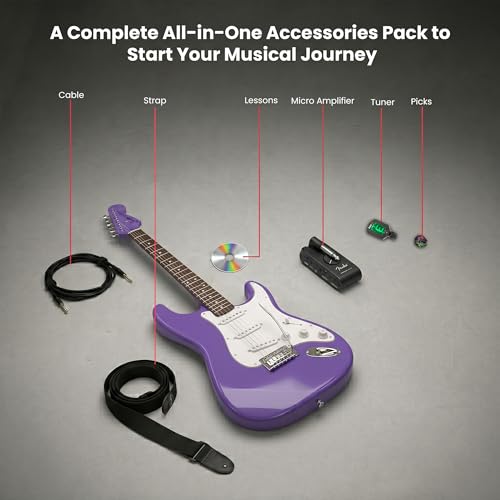 Image of Fender Squier Sonic Stratocaster - Ultraviolet Bundle with Mustang Micro Headphone Amplifier, Instrument Cable, Tuner, Strap, Picks, and Austin Bazaar Instructional DVD