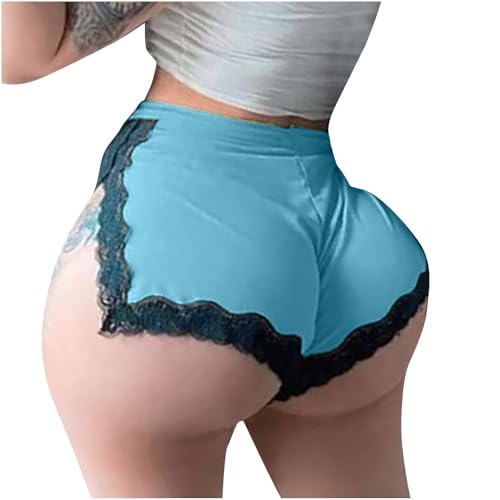 Womens Lace Trim Shorts High Waisted Comfy Soft Stretch Cheeky Panties Underwear Briefs Sleep Lounge Pants Bottoms Sky Blue