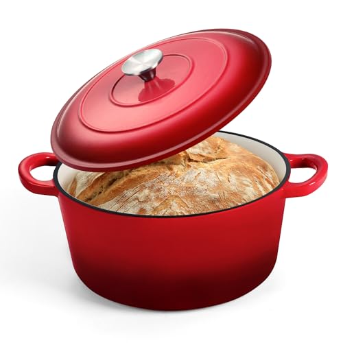 P&P CHEF Horno holandés de hierro fundido esmaltado de 5 cuartos de galón, olla holandesa esmaltada de 5 cuartos con tapa, utensilios de cocina redondos para estofar, guisar, hornear, horno y todas