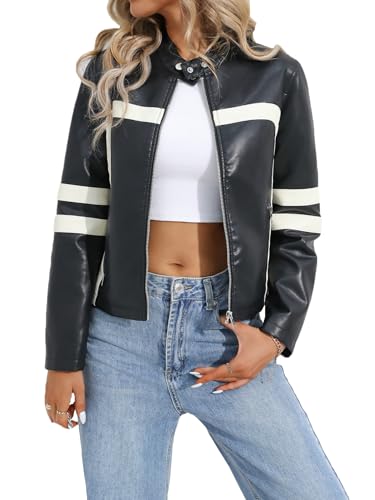 lavekywasa Women Black Faux Leather Jackets Moto Biker Motocycle Coat, Stylish and Durable Outerwear for Everyday Wea