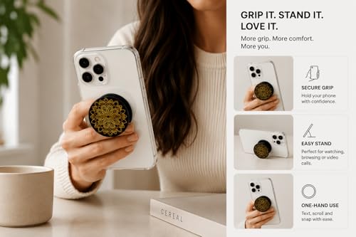 Image of Phone Case Holder | Expanding Kickstand, Mobile Phone Hold Grip for iPhone, Samsung, OnePlus & All Smartphones - Mandala (Golden Black)