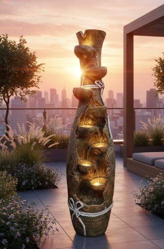 Image of Indoor Outdoor Water Fountain 45 INCH | Tall Vase Style 7-Tier Cascading Waterfall Fountain with LED Lights & Water Pump for Home, Garden & Office Decor
