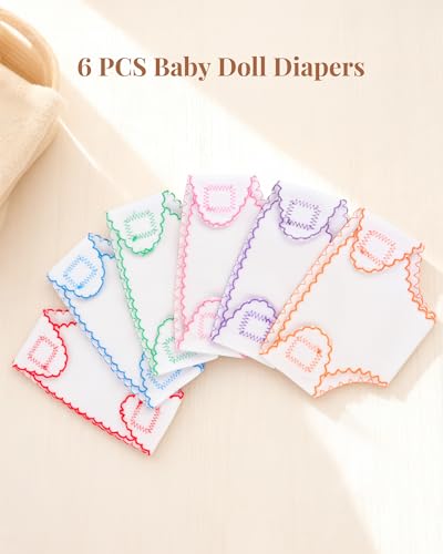 image for BABESIDE 6 Pcs Baby Doll Diapers for 12-15 Inch Dolls, Reusable & Wash