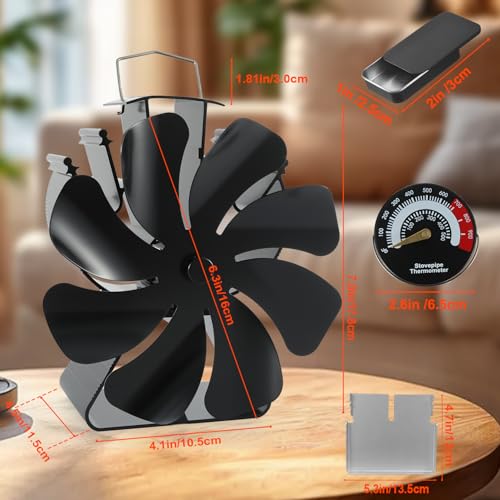 Tomersun Wood Stove Fan 8 Blades Heat Powered, Fireplace Fan Woodstove for Buddy Heater (Included Bracket), Wood Burning Stove Non Electric Thermoelectric Thermal Fan w/Thermometer & Aroma Pod - Thumbnail 6