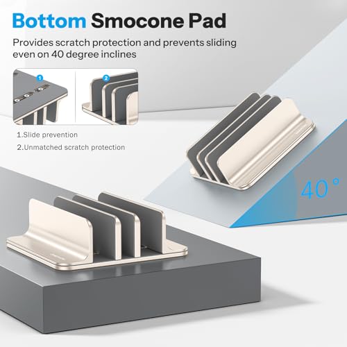 Image of OMOTON Vertical Laptop Stand [Updated 3-Slots Version], Desktop Aluminum Mac Book Stand with Adjustable Dock Size, Fits All Mac Book, Chrome Book and Gaming Laptops (Up to 17.3 inch), Starlight