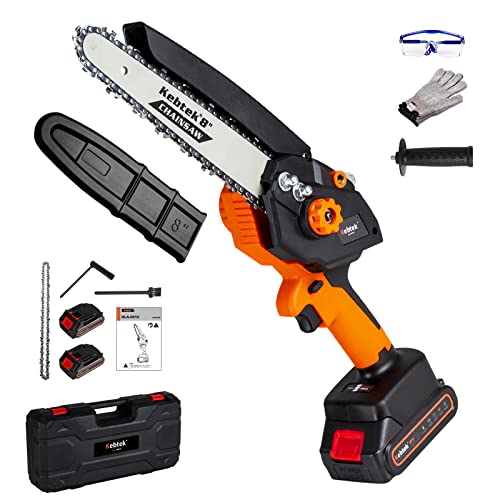 Kebtek Akku Kettensäge, 8 Zoll Mini Kettensäge mit Akku Elektro Kettensäge mit Bürstenlosem Motor, 21V Tragbar Einhand Kettensäge mit 2 Akkus für Gartenarbeit Baumbeschneidung Holzschneiden