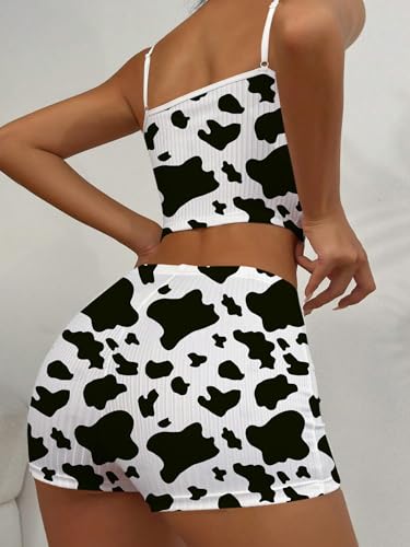 Image of Hilinker Womens Graphic 2 Piece Pajama Set Summer Cute Crop Cami and Shorts Ribbed Lounge Sets