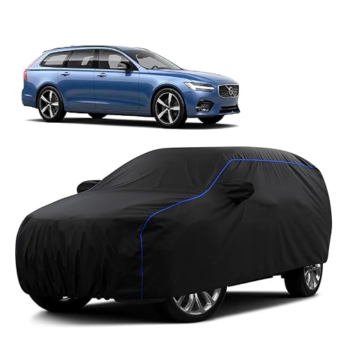 Image of Sulfar 100% Water Resistant Car Body Cover Compatible with Mirror for Volvo V90 (Triple Stitched, Full Bottom Elastic, Black Tafetta with Blue Piping)