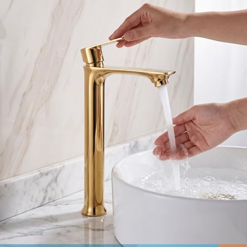 Image of Tapsa Kubix Series Gold Tap | Golden Tap | PVD Coated Tall Pillar Cock Tap /Basin Tap with Long Spout & 12 Inch Tall Body Tall Boy Extended Pillar Tap Faucet