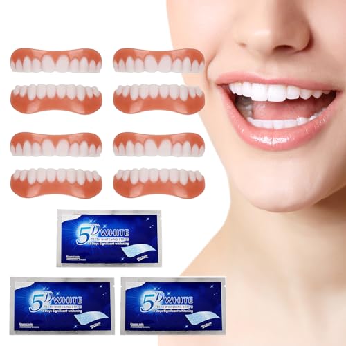 4 Pares Carillas Dentales, Dentaduras Postizas Ajustables, Carillas Dentaduras, Perfecta Sonrisa Dientes Prótesis Chapa, Mandíbula Superior y Mandíbula Inferior, Talla única, con Tiras Blanqueadoras