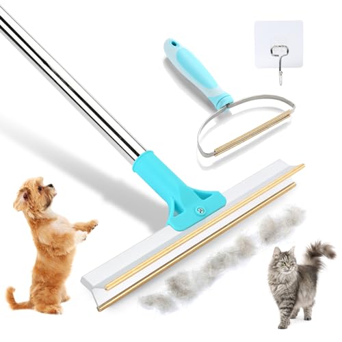 Carpet Rake for Pet Hair Removal, Adjustable Long Handle Pet Hair Remover Set with Innovative Metal Edge, Cat Dog Hair Broom, Reusable Fur & Lint Remover for Carpet, Rug, Mat, Couch