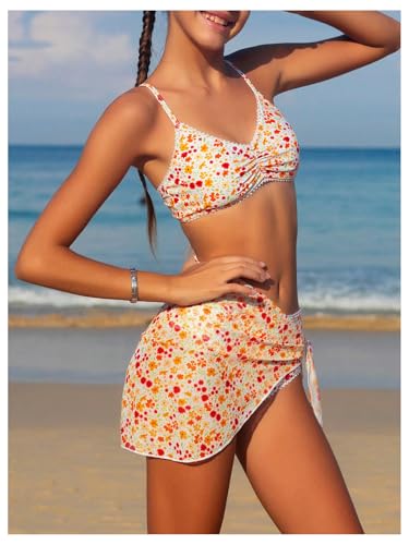OYOANGLE Girl's 3 Piece Swimsuit Floral Print V Neck Spaghetti Strap Bikini Set with Beach Cover Up Skirt4
