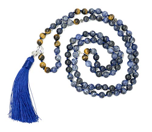 Larimar Accessories | Premium 8MM 108 Mala Beads Necklace with Tassel | Mala Gemstone Necklace | Mala Yoga Necklace | Mala Meditation Beads | Jewelry for Women Men (Sodalite & Tiger Eye)